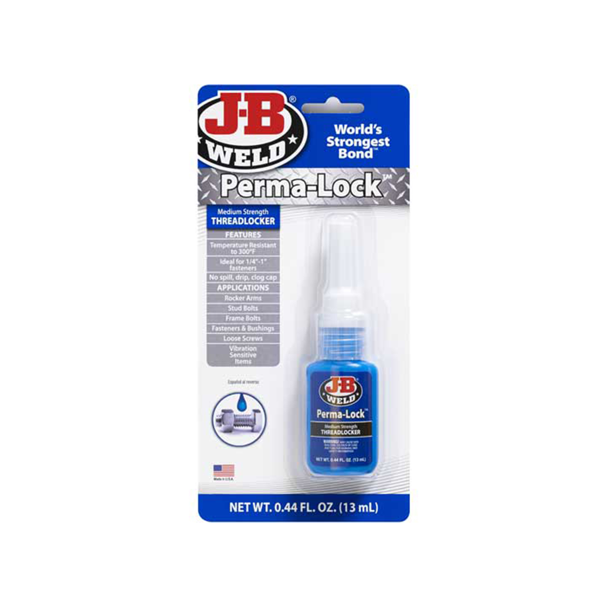 JB Weld Perma-Lock Blue Medium Strength Threadlocker — 13ml Carded Bottle, Model# JBW24213